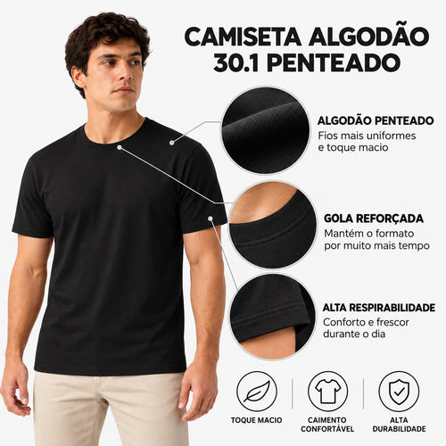 Camiseta Masculina de Algodão 30.1 Penteado