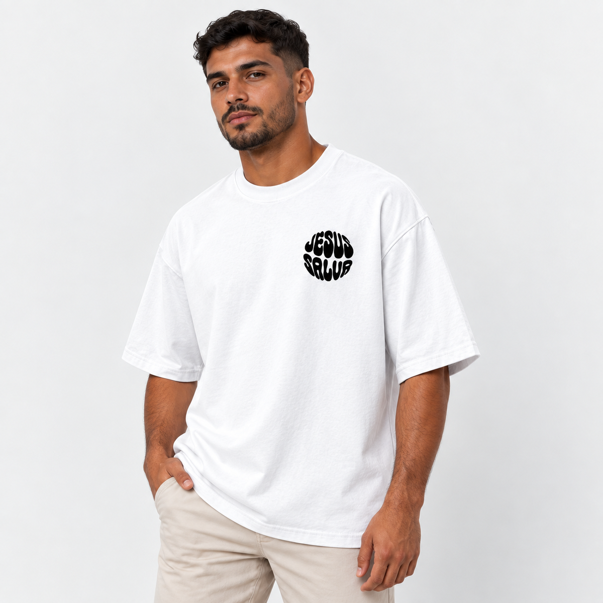 Camiseta Masculina Oversized Estampa Cristã Jesus Salva