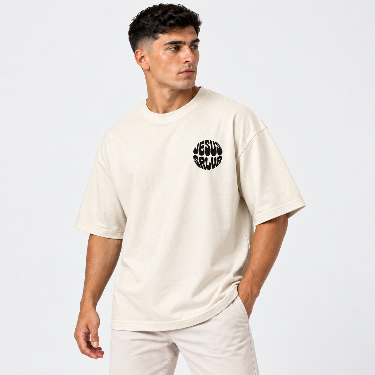 Camiseta Masculina Oversized Estampa Cristã Cristo Vive