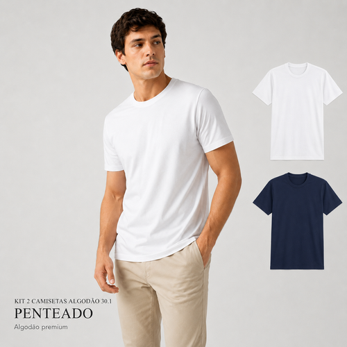 Kit 2 Camisetas Masculina Algodão 30.1 Penteado
